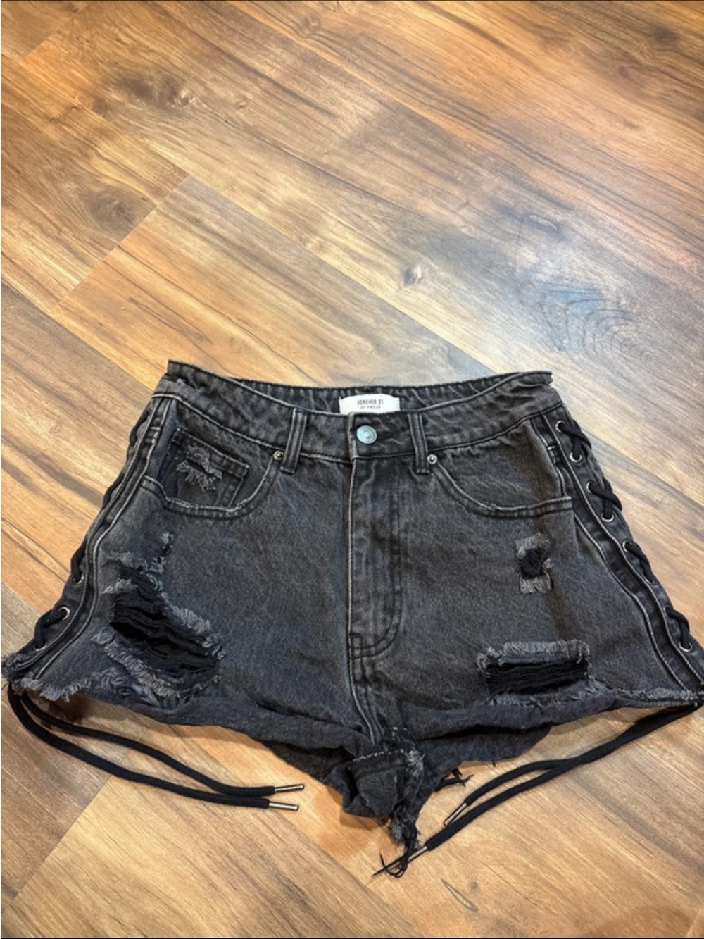 Forever 21 Black Distressed Lace-Up Side Denim Shorts